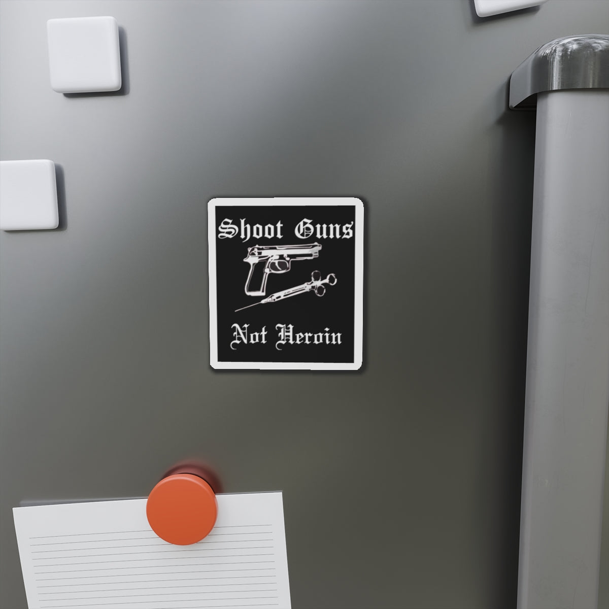 Die-Cut Magnets with Bold Statements, Gun and Needle Design, Unique Wall Decor, Gift for Advocates, Anti-Drug Humor
