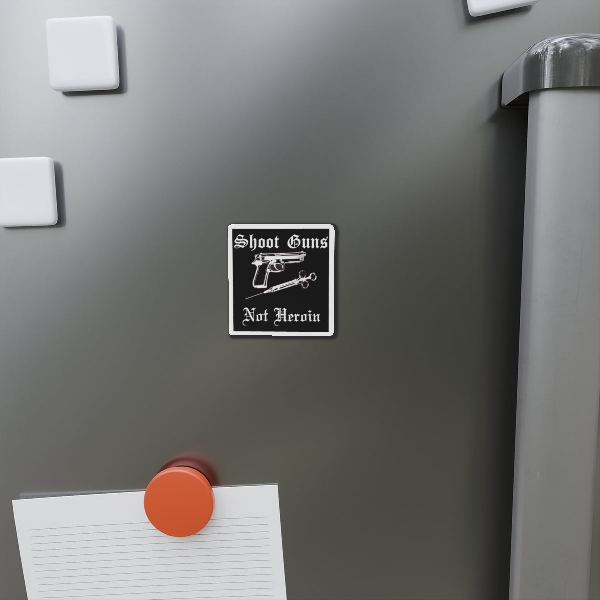 Die-Cut Magnets with Bold Statements, Gun and Needle Design, Unique Wall Decor, Gift for Advocates, Anti-Drug Humor